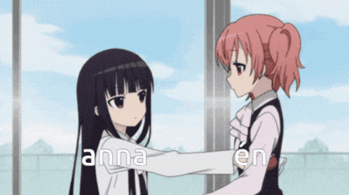 two anime girls hugging with the words anna i love you
