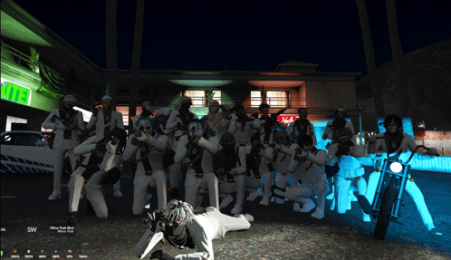 a screenshot of a video game shows a man laying on the ground in front of a motorcycle