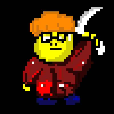 a pixel art drawing of a man wearing glasses and a hat