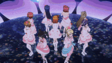 a group of anime girls are dancing on a stage with hearts in the background