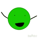 a green circle with arms and legs and a face .