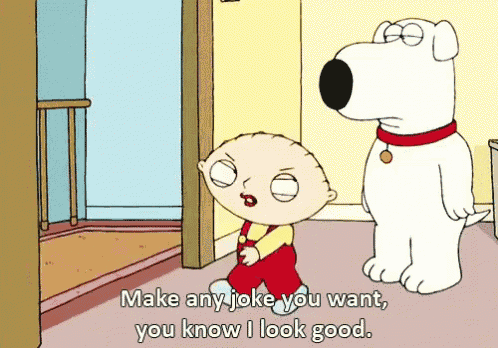a cartoon of stewie and brian saying make any joke you want