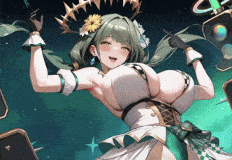 a woman with green hair and a flower in her hair is dancing