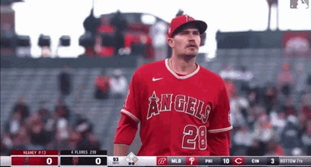 a baseball player with the number 28 on his jersey stands on the field