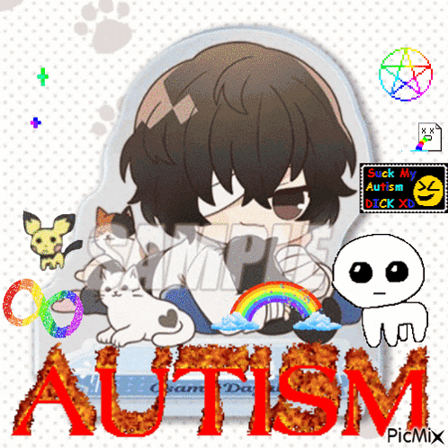 a picture of a boy with a cat and the word autism in red