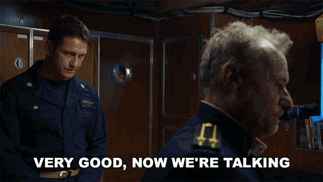 two men in military uniforms are standing next to each other with the words " very good now we 're talking " above them