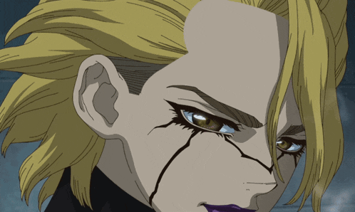 a close up of a person 's face with yellow hair