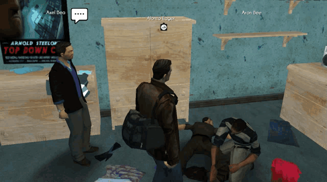 a video game scene with a poster for arnold steel top down c.