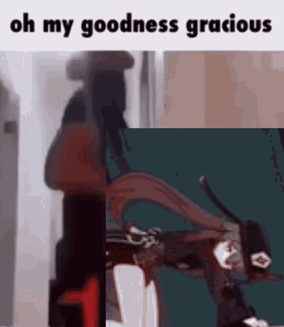 a meme of a girl holding a gun with the words `` oh my goodness gracious '' at the bottom .