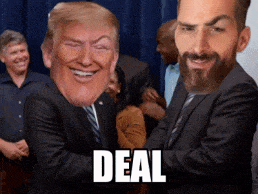 a man with a beard is shaking hands with a donald trump mask on his head