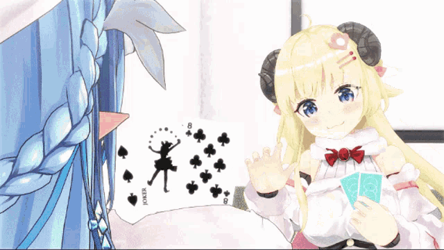 a girl with horns is holding a card with the number 8 on it