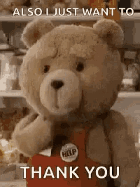 a teddy bear wearing a red apron is holding a heart and saying `` also i just want to thank you '' .