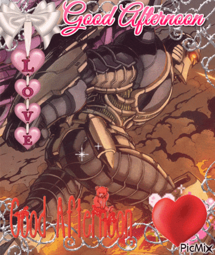 a good afternoon greeting card with a robot and hearts