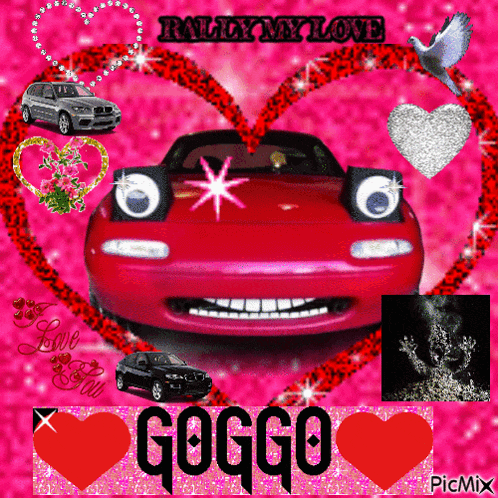 a red car is surrounded by hearts and the word goggo