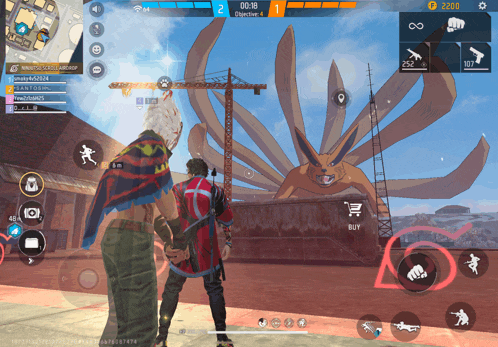 a screenshot of a video game shows a man standing in front of a giant fox