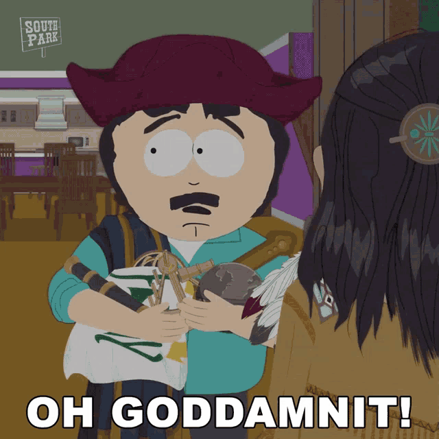 a cartoon character from south park is holding a feather and says oh goddamnit