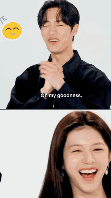a man and a woman are laughing and the man is saying oh my goodness