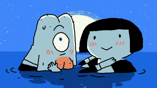 a cartoon drawing of a man and a woman in the ocean