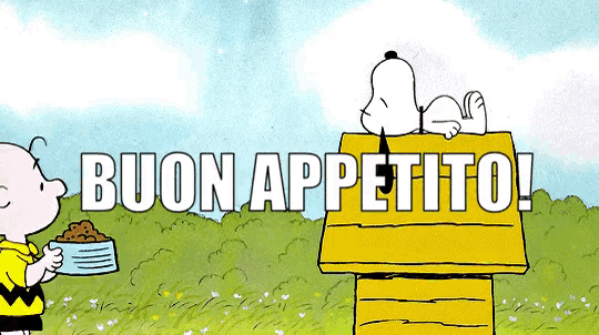 a cartoon of snoopy and charlie brown with a sign that says buon appetito