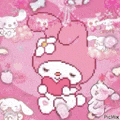 a pixel art of my melody holding a heart on a pink background surrounded by other characters .