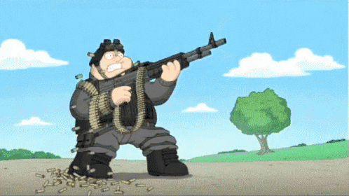 a cartoon of a man holding a rifle with bullets coming out of it