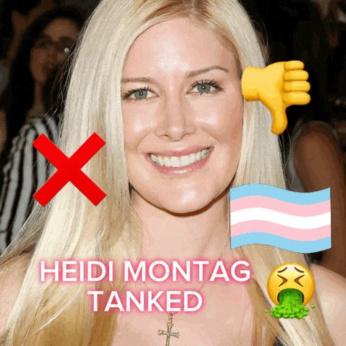 a picture of heidi montag with a thumbs down and a transgender flag behind her