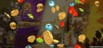 coins and gems falling from the sky with big time gaming on the bottom