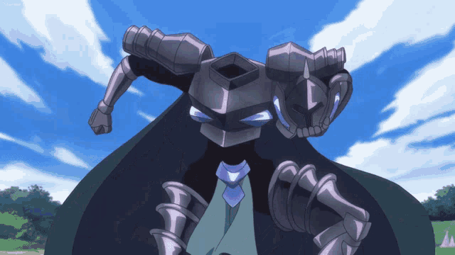 a cartoon character is wearing armor and a cape with a blue sky behind him
