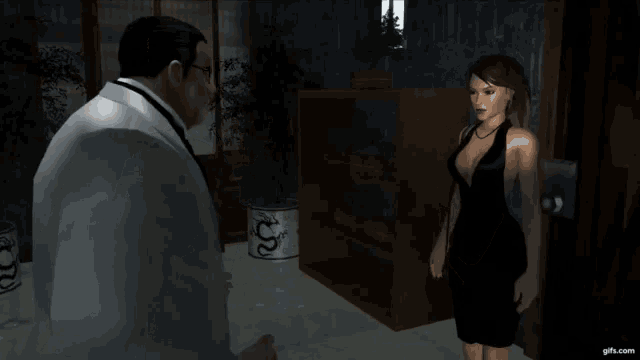 a woman in a black dress is standing next to a man in a gray suit
