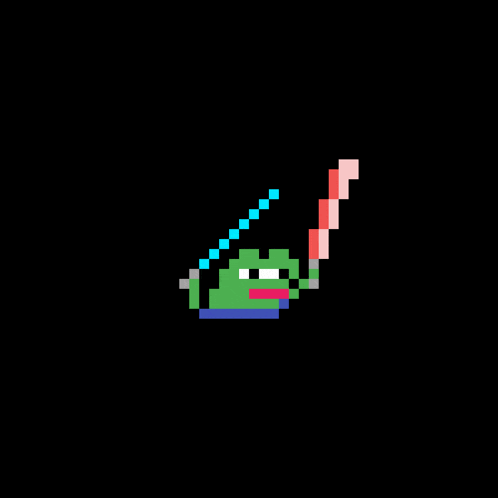 a pixel art of a frog with a sword in its mouth