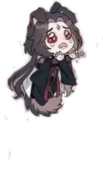 a chibi drawing of a girl with long hair and a dog 's tail is crying .