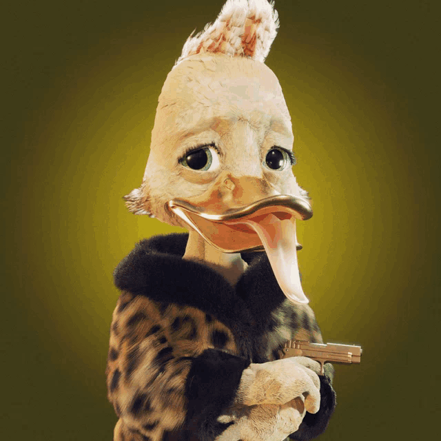 a stuffed duck wearing a fur coat holds a gun