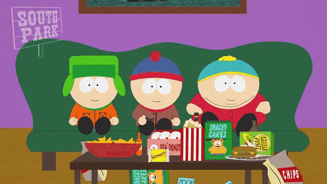 three south park characters sitting on a couch with snacks on a table