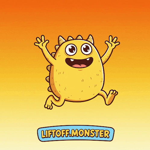 a cartoon illustration of a yellow monster with the words liftoff monster below it