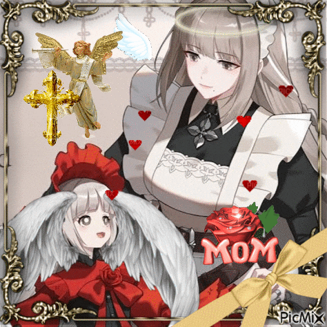 a picture of a girl with a cross and the word mom