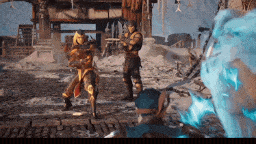 a video game scene with scorpion and sub zero standing next to each other