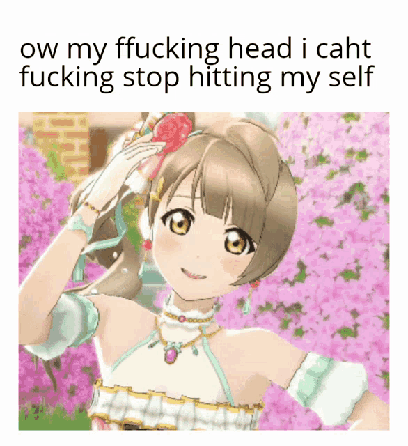 a picture of a girl with a flower in her hair and the caption ow my fucking head