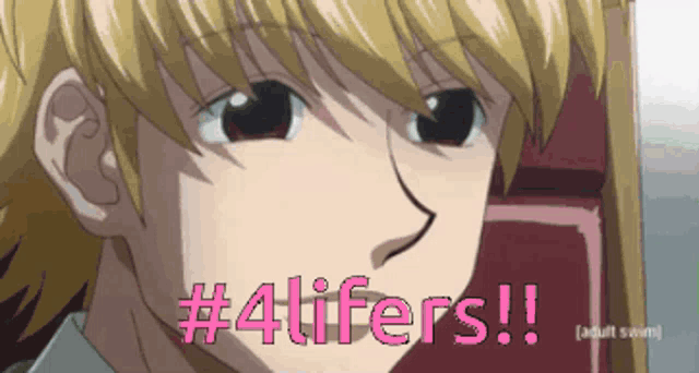 a close up of a person 's face with the words # 4lifers in pink