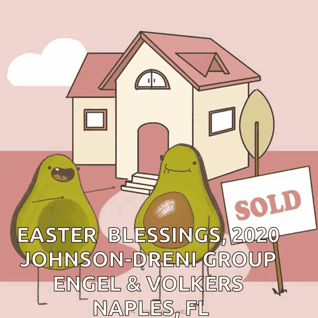 two avocados standing in front of a house with a sold sign in front of them