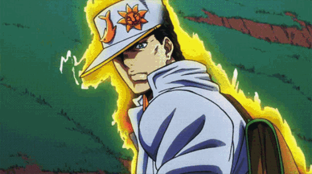 a man wearing a hat with a sun and a dolphin on it