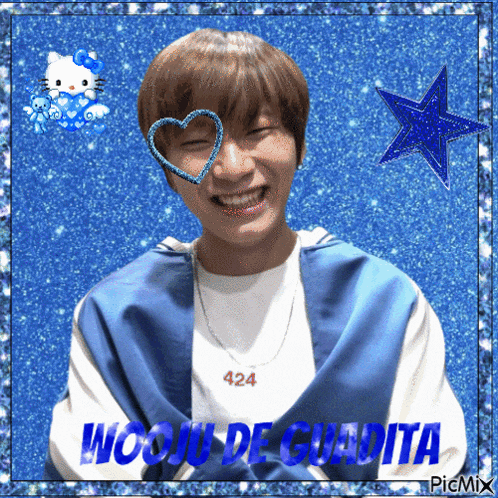 a picture of a boy with a heart shaped glasses and the words wooju de cuadita on the bottom