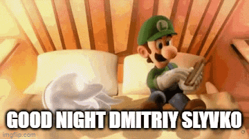 a cartoon character is sitting on a bed holding a cell phone and says good night dmitriy slyvko .