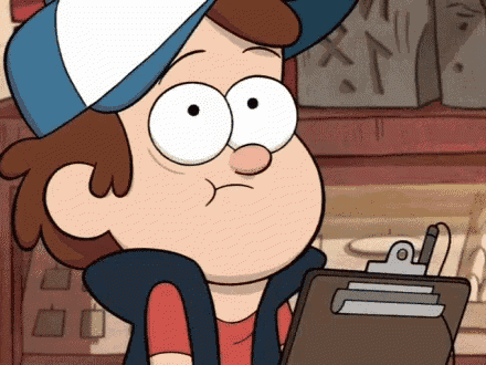a cartoon character is holding a clipboard and making a face