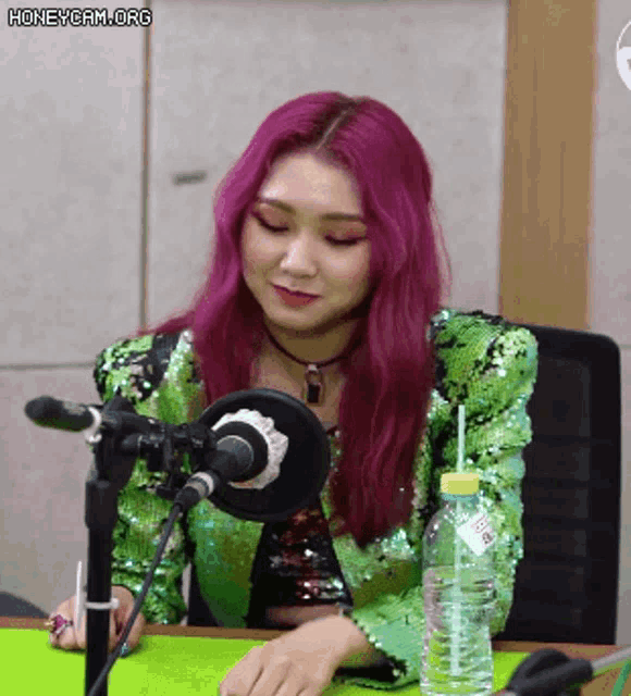 a woman with pink hair is sitting in front of a microphone with a bottle of water next to her
