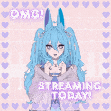 a girl with blue hair is surrounded by hearts and says streaming today