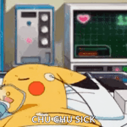 a cartoon pikachu is laying in a hospital bed with an oxygen mask on .