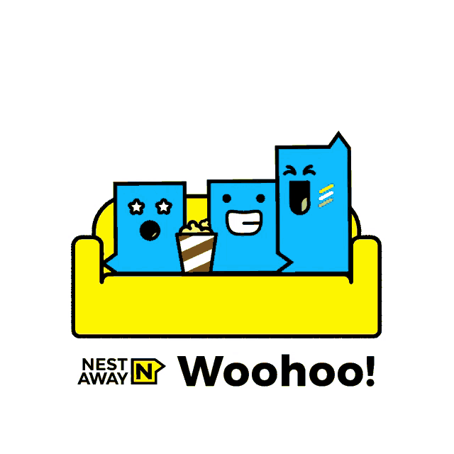 a nest away woohoo logo with a yellow couch and popcorn