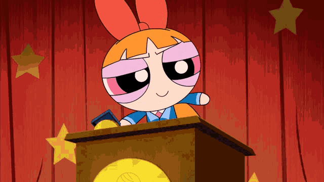 a cartoon character is giving a speech at a podium with a book in her hand