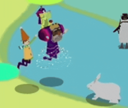 a group of cartoon characters are jumping into a body of water