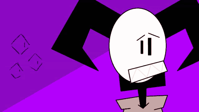 a cartoon character with a purple background and a white head with two eyes